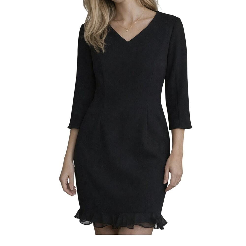 Virgo Structured Black Dress Womens 12 Ruffle 3/4 Sleeve Cocktail Office Formal